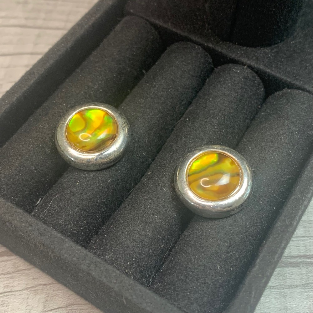 Vintage Iridescent Faux Opal Stud Earrings Silver Tone Round Amber Yellow 5540